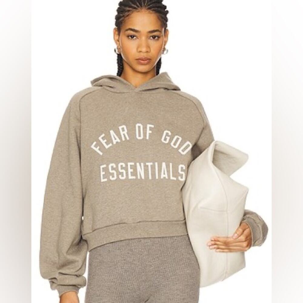 Fear of God ESSENTIALS Beige Fleece Cropped Oversized Hoodie Tan Size XS Lounge
